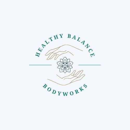 Logo of Healthy Balance Bodyworks featuring two hands surrounding a flower in the center.